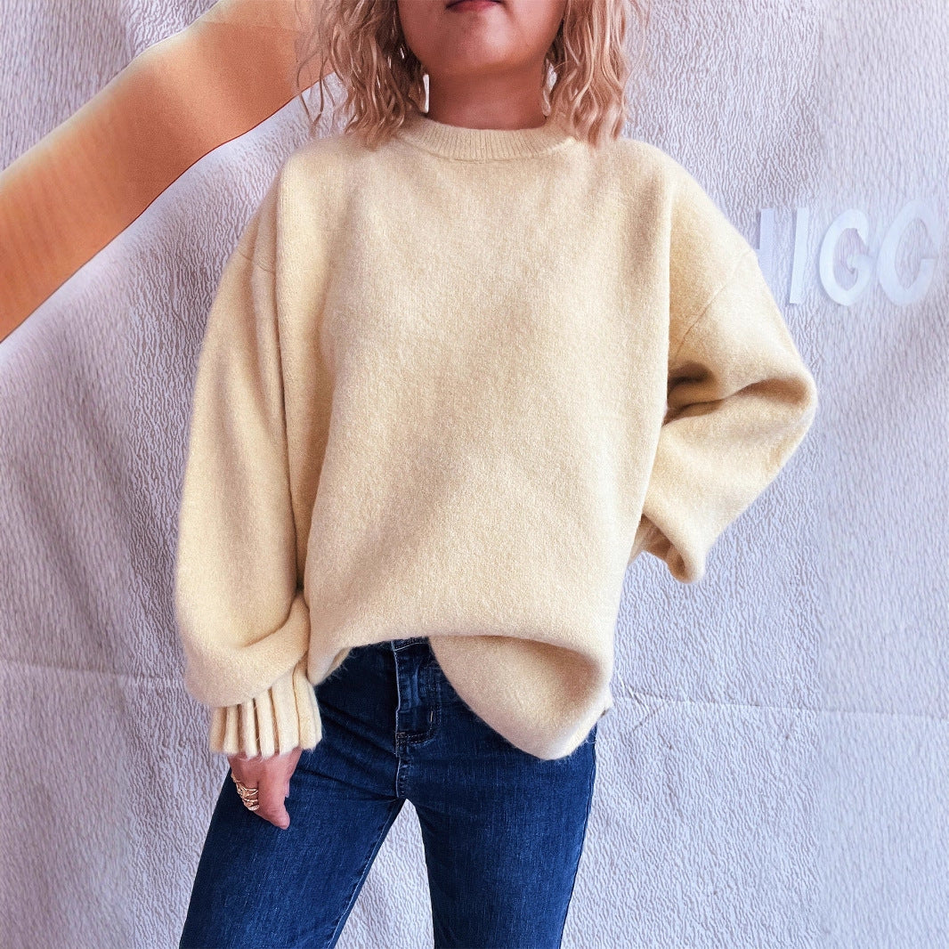 Damen lässiger Strickpullover mit weitem Rundhalsausschnitt und fluffiger Textur R&B
