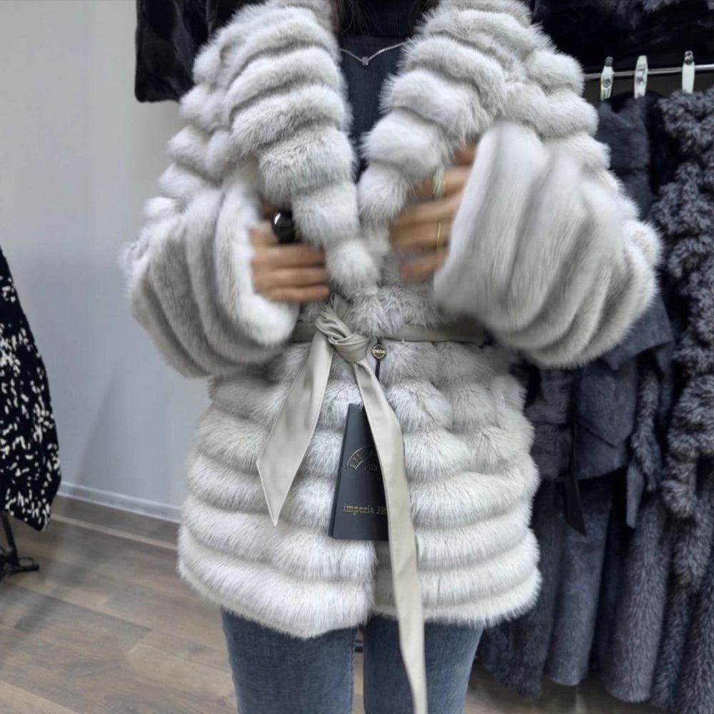 Damen Flauschiger Boucle-Cardigan mit Bindegürtel und weitem Schnitt R&B