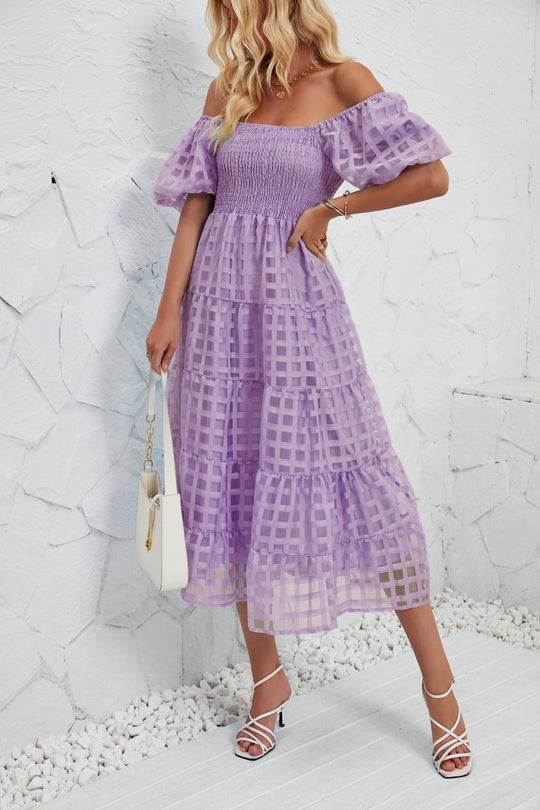 Damen Midikleid mit Off-Shoulder-Design und luftigen Puffärmeln R&B