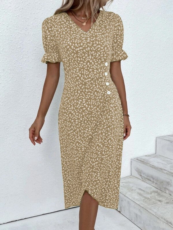 Damen Midikleid mit floralen Mustern und schmeichelndem V-Ausschnitt R&B