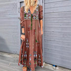 Damen nan besticktes Maxikleid mit langen Ärmeln, Quastenverschluss und folkloristischer Stickerei R&B