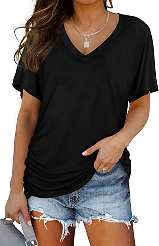 Damen V-Ausschnitt T-Shirt mit dekorativem Raffungseffekt R&B
