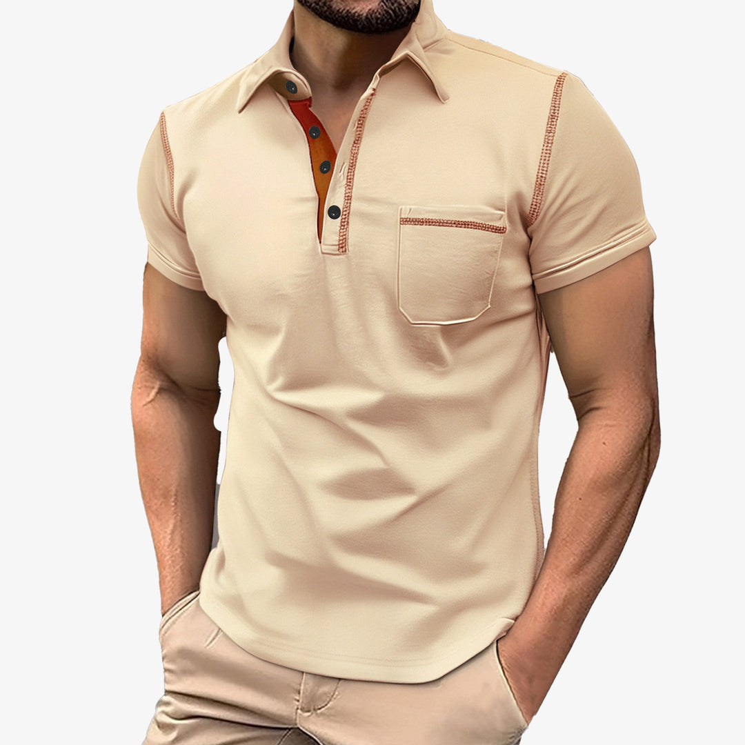 Herren nan Kurzarm-Polo mit Brusttasche, kontrastierender Steppnaht und Hemdkragen R&B