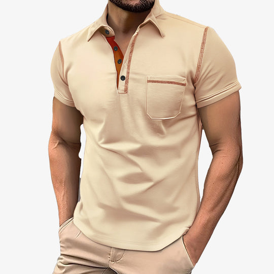 Herren nan Kurzarm-Polo mit Brusttasche, kontrastierender Steppnaht und Hemdkragen R&B