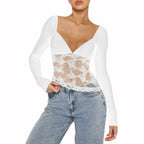 Damen Spitzenbluse mit tiefem V-Ausschnitt und langärmligem Design R&B