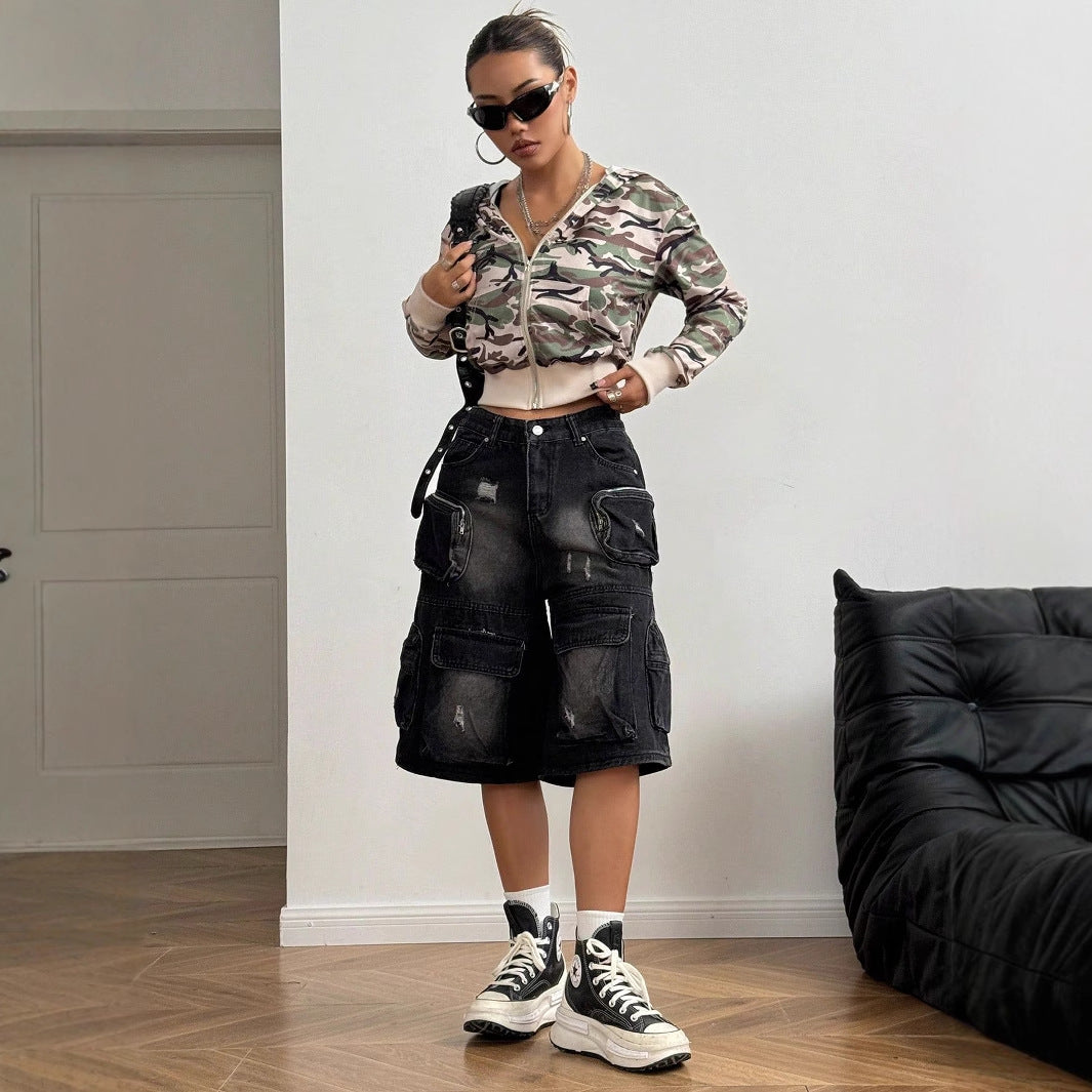 Damen Cargojacke im trendigen Camouflage-Design mit Kapuze und elastischem Bund R&B