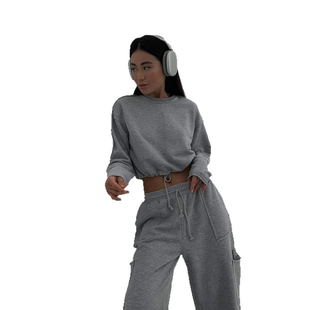 Damen lässiges cropped Sweatshirt mit Kordelzug und weiten Ärmeln R&B
