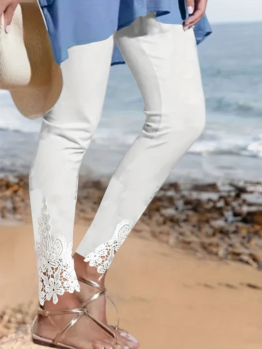 Damen Leggings mit spitzenbesetztem Saum und elastischem Bund R&B