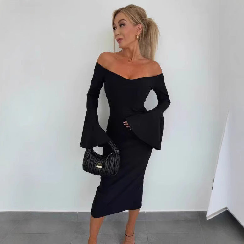 Damen Elegantes Langarmkleid mit weiten Ärmeln und Schlitz R&B