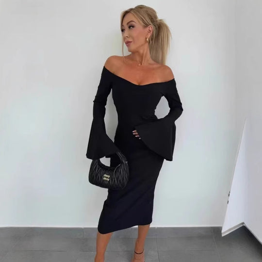 Damen Elegantes Langarmkleid mit weiten Ärmeln und Schlitz R&B