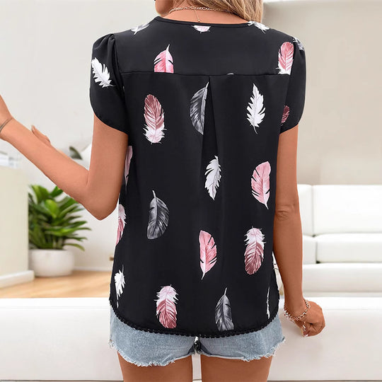 Damen nan luftige V-Ausschnitt-Bluse mit Federnprint, Zierknopfleiste und Häkelkante R&B