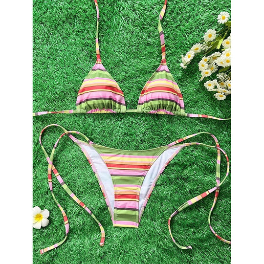 Damen Triangel-Bikini mit verstellbaren Trägern und buntem Streifenmuster R&B