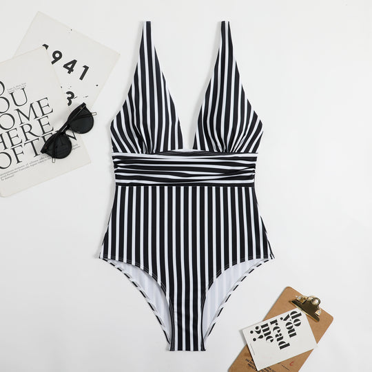 Damen Eleganter V-Ausschnitt Einteiler mit gestreiftem Design R&B