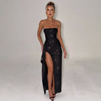 Damen Abendkleid im schulterfreien Stil mit hohem Schlitz und funkelndem Glitzereffekt R&B