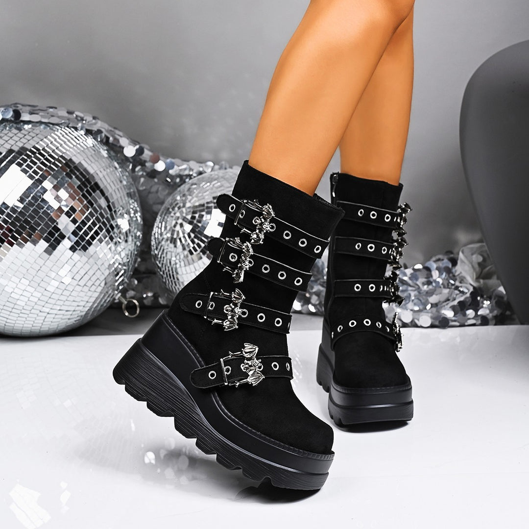 Damen Wedge-Stiefeletten mit modischen Schnallen und rutschfester Sohle R&B