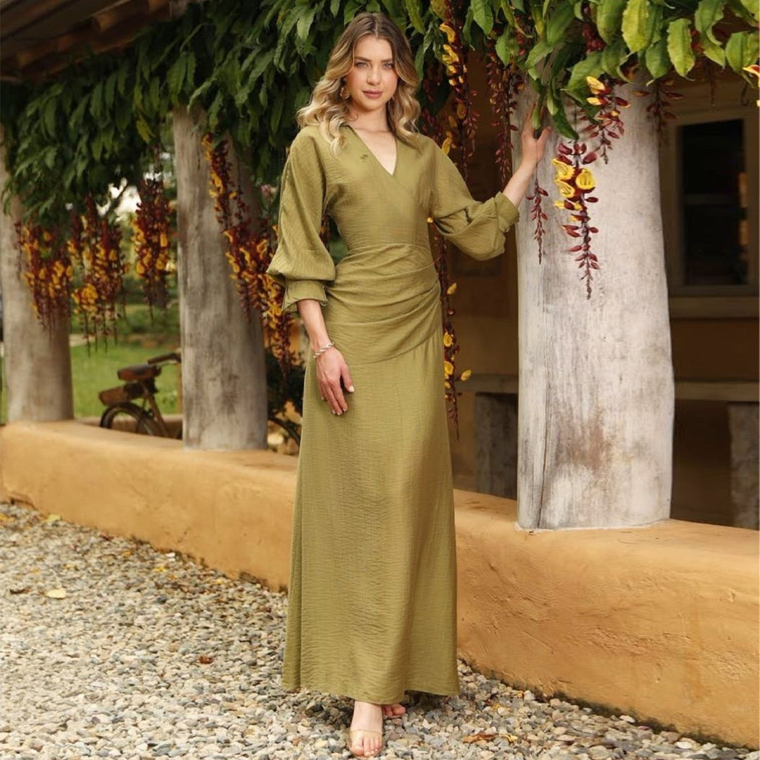 Damen Maxikleid mit gekräuseltem Wrap-Design und voluminösen Ärmeln R&B
