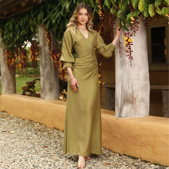 Damen Maxikleid mit gekräuseltem Wrap-Design und voluminösen Ärmeln R&B