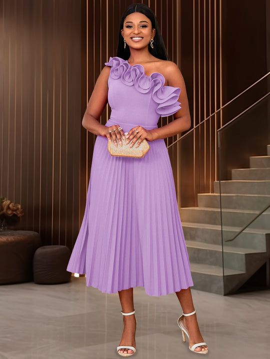Damen Midi-Kleid mit schulterfreiem Design und voluminösen Rüschen R&B