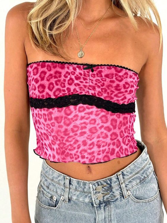 Damen Bandeau-Top mit trendigem Leopardenmuster und zarter Spitzenkante R&B