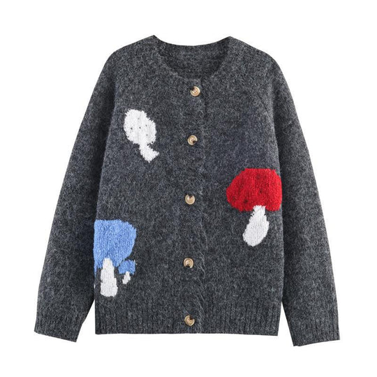 Damen Strickjacke mit bunten Pilzmotiven und bequemen Knopfdetails R&B