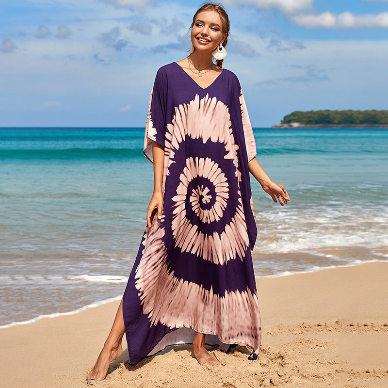 Damen Strandkleid mit buntem Batikdesign und weit geschnittenen Ärmeln R&B