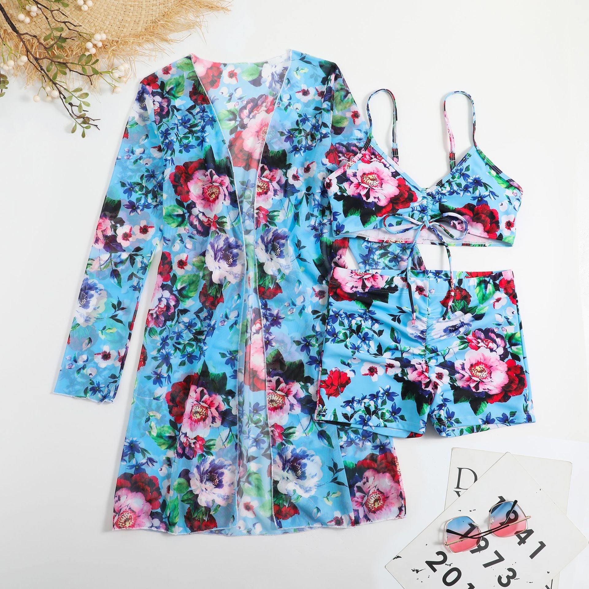 Damen Strandset mit floralem Kimono und Crop-Top R&B
