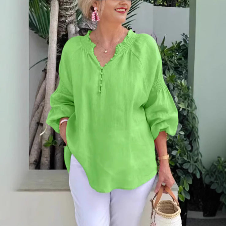Damen Leichte Bluse mit elastischen Puffärmeln und Knopfleiste R&B