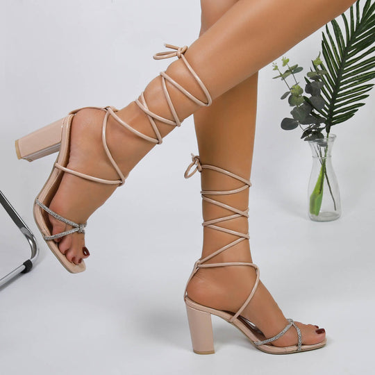 Damen elegante Sandalen mit glitzernden Riemen und robustem Blockabsatz R&B