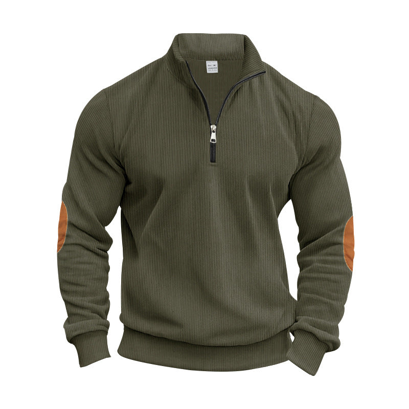 Herren nan strukturierter Baumwoll-Strickpullover mit halbem Reißverschluss und Ellenbogenbesatz R&B