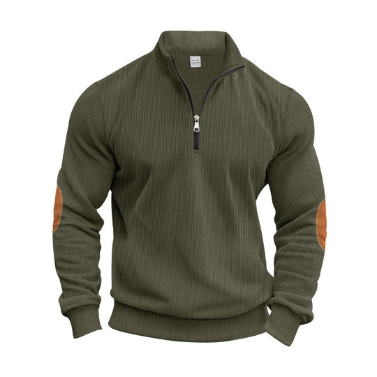 Herren nan strukturierter Baumwoll-Strickpullover mit halbem Reißverschluss und Ellenbogenbesatz R&B
