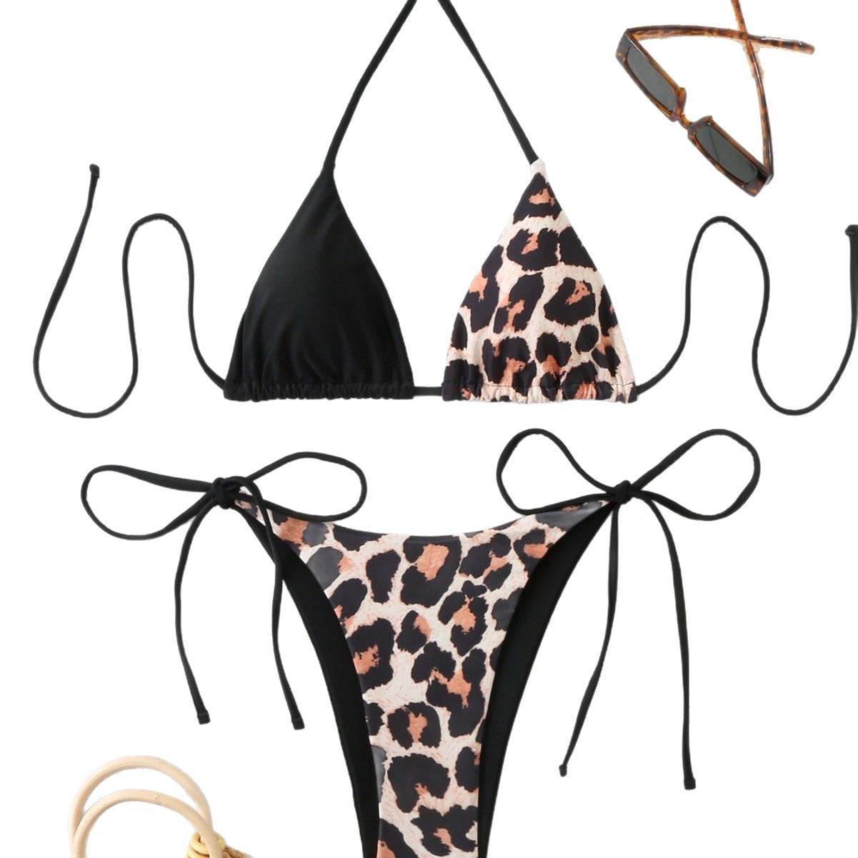 Damen Triangel-Bikini mit doppeltem Leopardenmuster und verstellbaren Seitenschnüren R&B