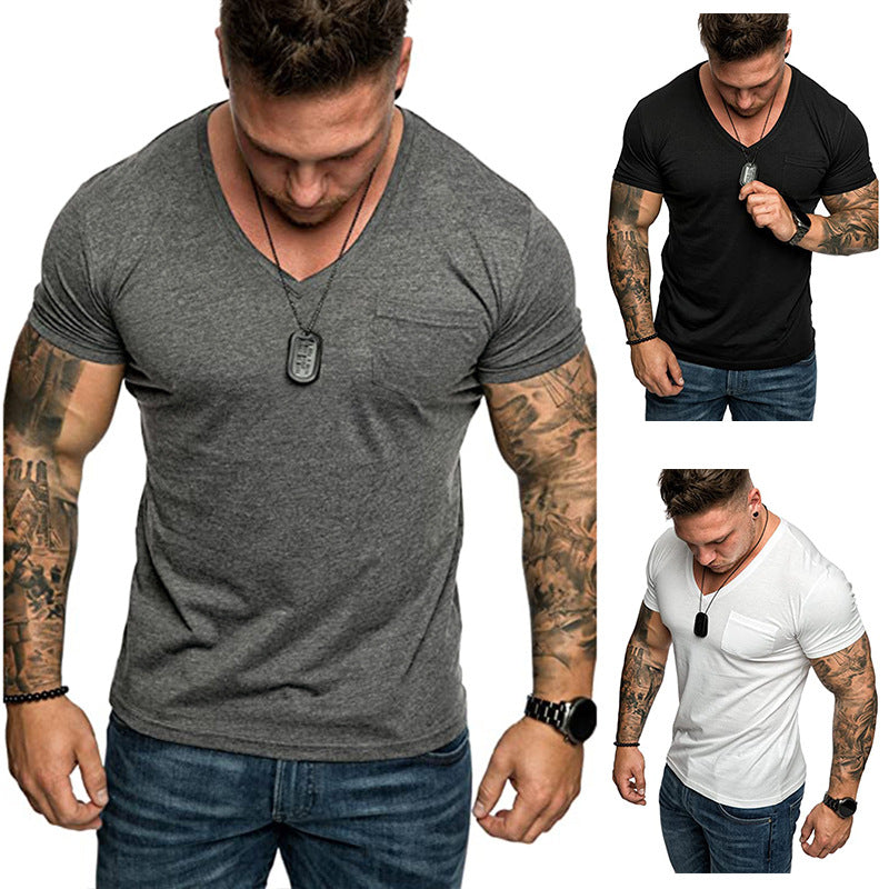 Herren V-Ausschnitt T-Shirt aus weicher Baumwolle mit Brusttasche