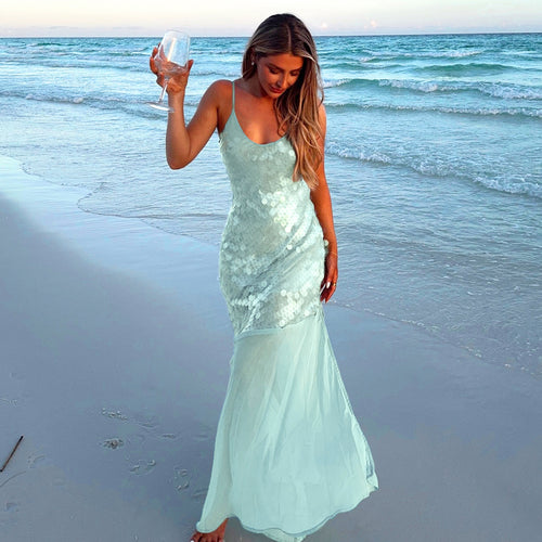 Damen Maxikleid mit glitzernden Pailletten und fließendem Rock R&B