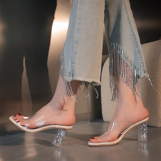 Damen elegante transparente Mules mit glitzerndem Blockabsatz R&B