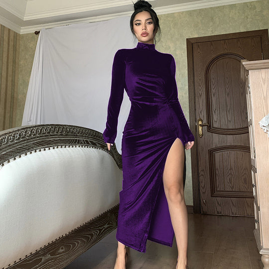 Damen Elegantes Samt-Maxi-Kleid mit hohem Schlitz und Stehkragen R&B