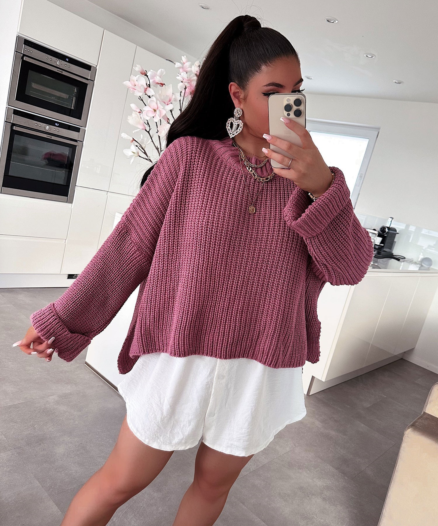 Damen oversized Strickpullover mit strukturiertem Lochdesign und lässigem Schnitt R&B