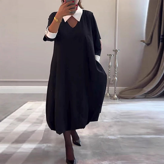 Damen nan kastiges Midikleid mit spitzem Kontrastkragen, Umschlagmanschetten, Eingrifftaschen und Ballon-Saum R&B