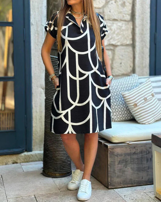 Damen nan geometrisches Shiftkleid mit Polokragen und umgeschlagenen Kurzärmeln R&B
