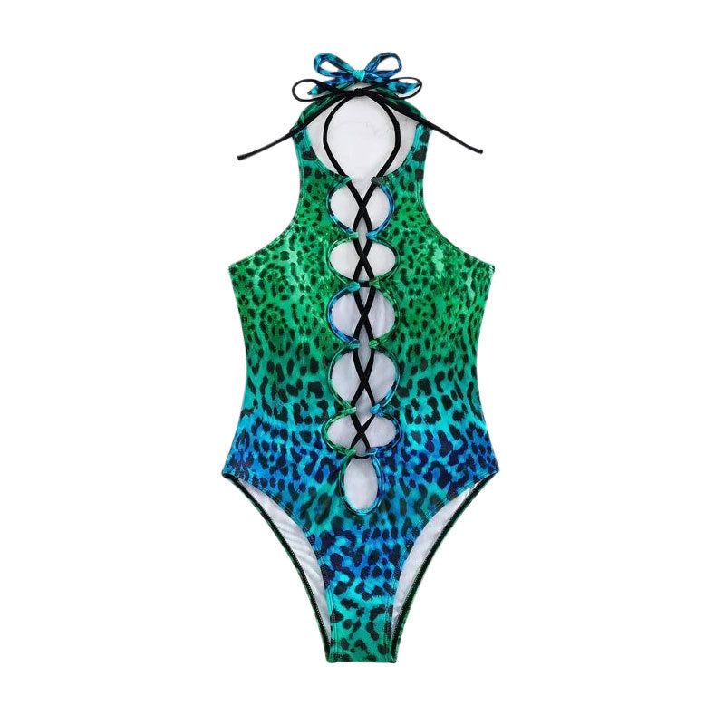 Damen Einteiler Badeanzug mit aufregendem Safari-Muster und raffiniertem Schnür-Design R&B