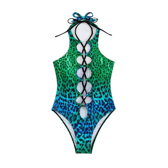Damen Einteiler Badeanzug mit aufregendem Safari-Muster und raffiniertem Schnür-Design R&B
