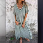 Damen Luftiges Leinenmaxikleid mit V-Ausschnitt und weit schwingendem Saum R&B