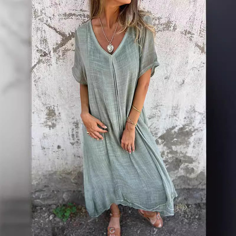 Damen Luftiges Leinenmaxikleid mit V-Ausschnitt und weit schwingendem Saum R&B