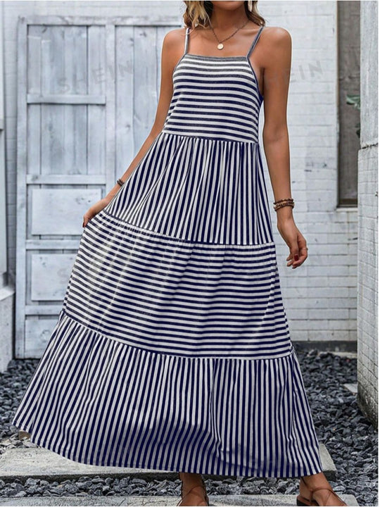 Damen Maxikleid mit schmalen Trägern und gestreiftem Design R&B