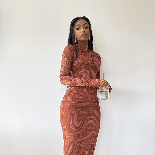 Damen Elegantes Langarmkleid mit modernem Marmormuster R&B