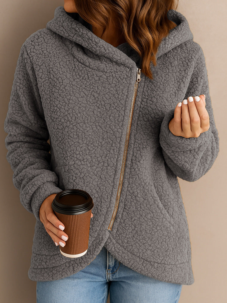 Damen Flauschige Kapuzenjacke mit asymmetrischem Reißverschluss R&B