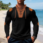 Herren lässiges Langarm-Henley-Shirt mit ausgefallenem Schnürdesign und kontrastrierenden Ellenbogen-Patches R&B