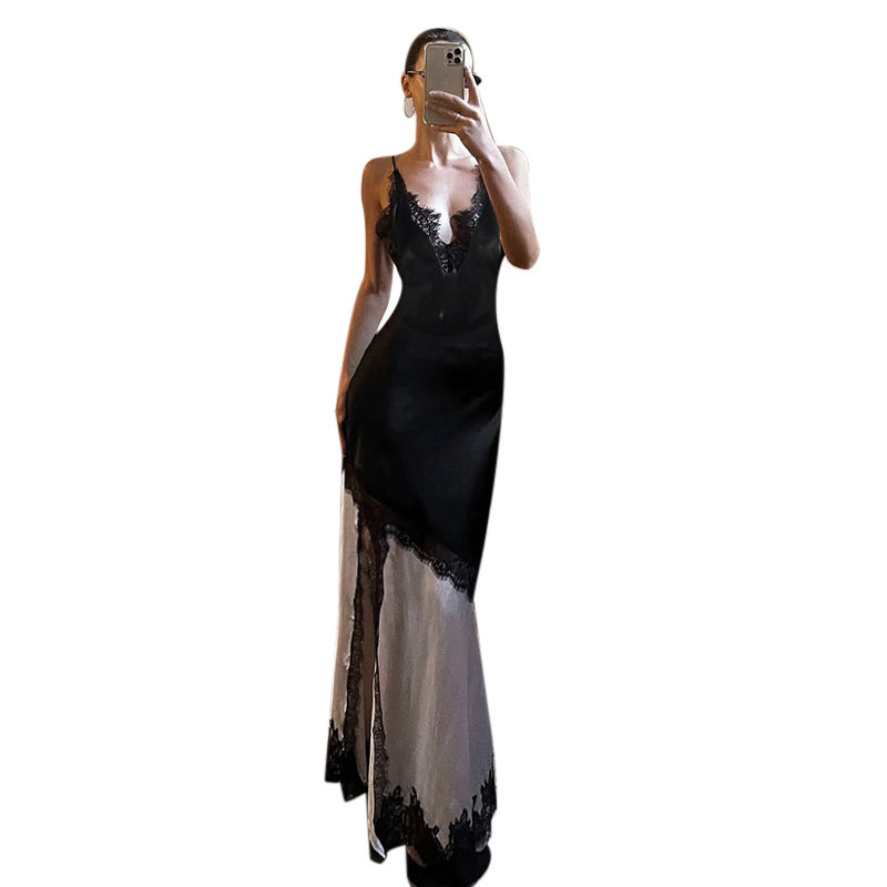 Damen elegantes Maxikleid mit Spitzenapplikationen und tiefem V-Ausschnitt R&B