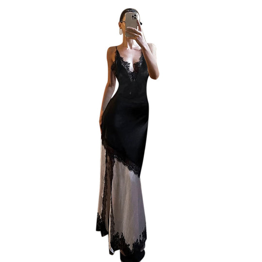 Damen elegantes Maxikleid mit Spitzenapplikationen und tiefem V-Ausschnitt R&B