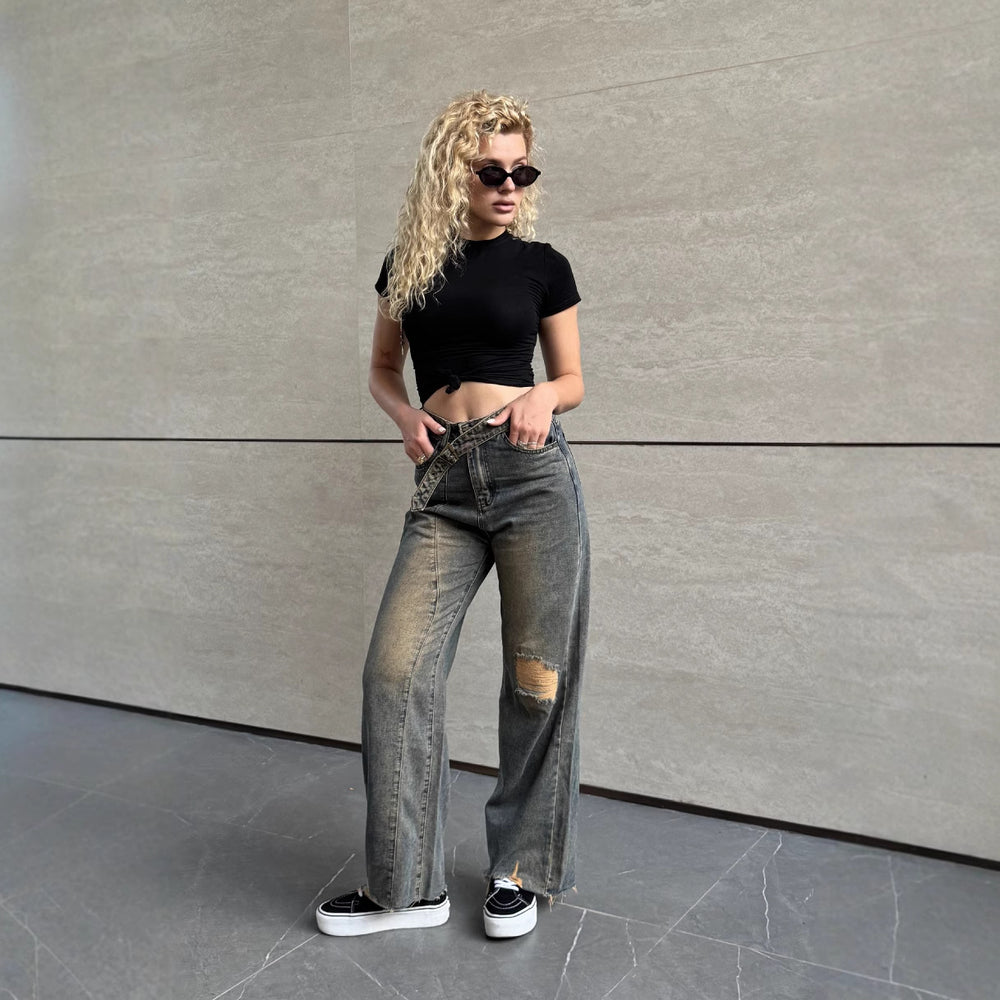 Damen Lässige Baqugy-Jeans mit modischen Rissdetails und Gürtel R&B