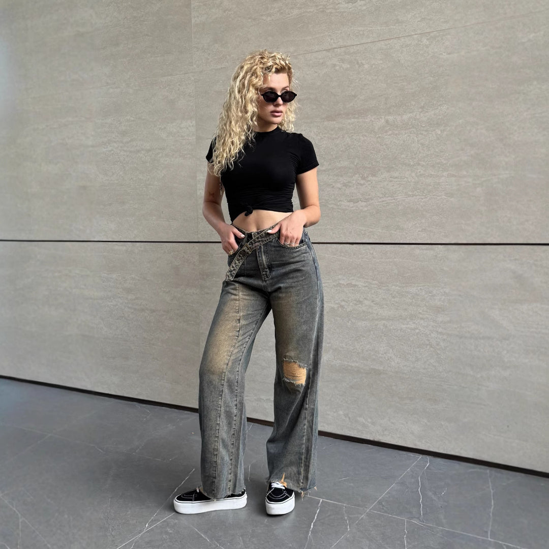 Damen Lässige Baqugy-Jeans mit modischen Rissdetails und Gürtel R&B